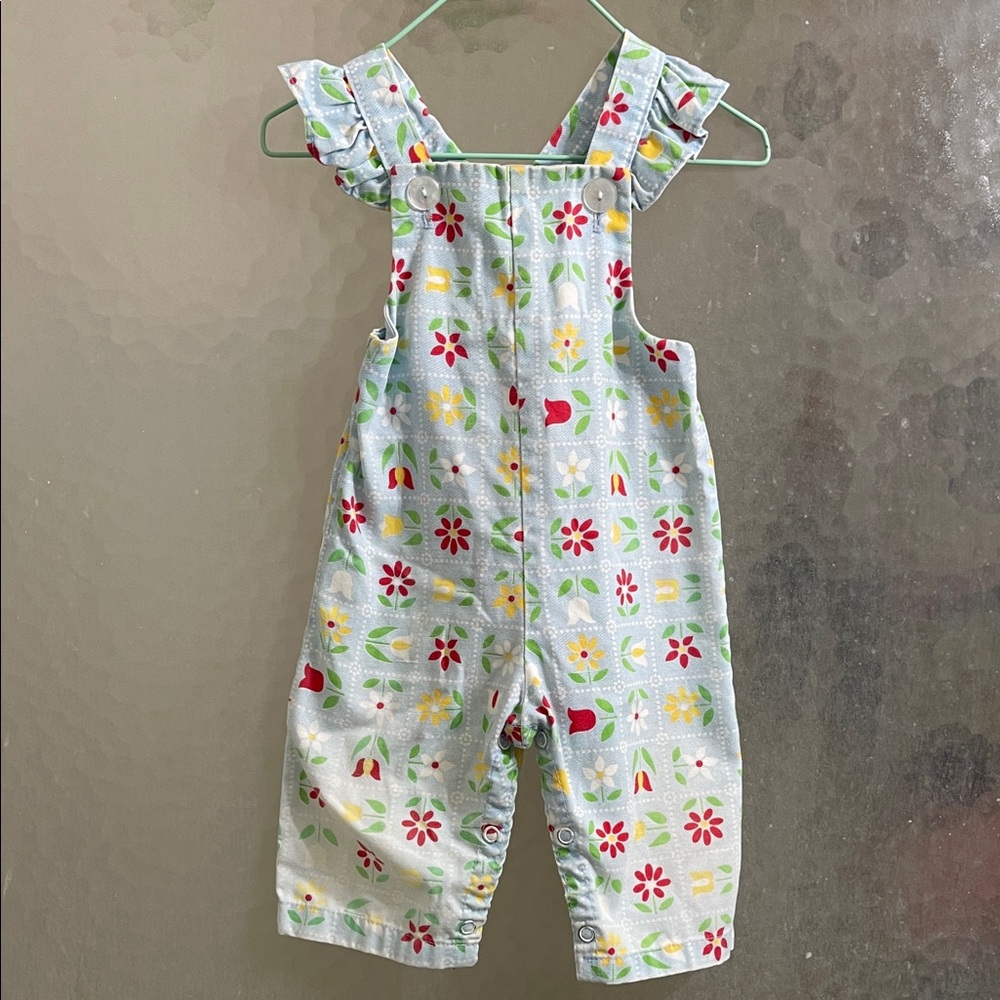 Vintage Baby Girl Overalls Floral Print Sz 3/6M Ruffles